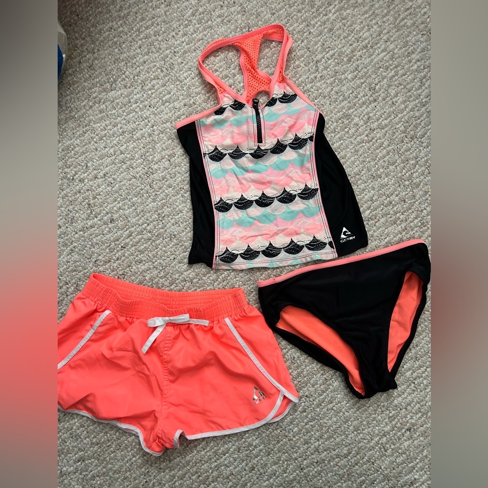 Girls Kids 3pc Swim Set with Coral and Black Design size M 10/12